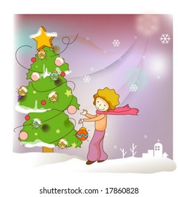 Animation Sketch - enjoying with a cute little prince and festive decorations on Christmas Day on a background of beautiful night sky and glittering lights : vector illustration