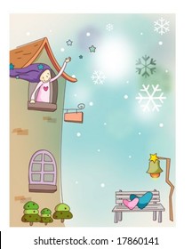 Animation Sketch and Happy Dream - friendly greeting with cute young female and beautiful snowy landscape in pretty park on light blue background : vector illustration