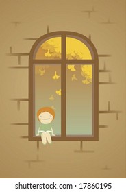 Animation Sketch with Happy Dream - reading a book with cute little child in window frame on romantic season background with brown wall