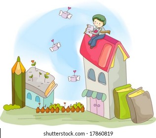 Animation Sketch - reading a book with a cute young male at the university town on background of bright blue sky : vector illustration