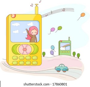 Animation Sketch - Ringing A Mobile Phone With A Cute Young Female On Background Of Bright Blue Sky And Natural Pink Garden : Vector Illustration