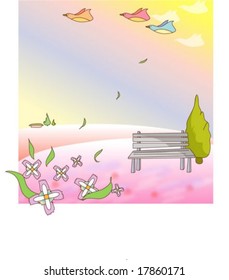 Animation Sketch with Sweet Dream - enjoying beautiful nature with cute friends in pretty pink park on a background of wonderful and colorful sky