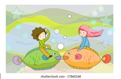 Animation Sketch with Sweet Dream - traveling with lovely smiling little couple and undersea lives on a background of beautiful and colorful wave patterns