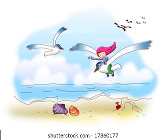 Animation Sketch with Sweet Dream - traveling by cute seagull with lovely smiling little girl in pretty resort island on a background of beautiful blue sky and clouds : vector illustration