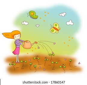 Animation Sketch with Sweet Dream - watering sprouts with a smiling young female in flower garden on happy holiday background with beautiful sky and clouds