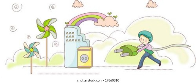 Animation Sketch - taking and walking an electric cord with a cute young office worker on sunny day on white background : vector illustration
