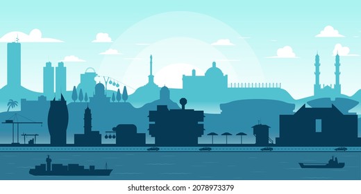 Animation of the skyline of the city of haifa israel in blue colors in the morning. Sunrise over city flat illustration.