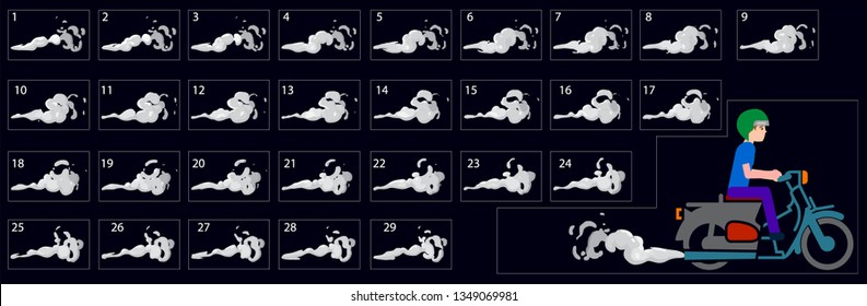 Animation of smoke when Bike ride. Smoke sprite sheet for game or cartoon or animation. Smoke animation.  2d classic animation smoke effect - Vector