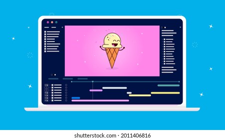 Animation software on computer screen - Animate application on laptop with user interface. Animator and motion design work concept, vector illustration.