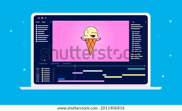 Animation software on computer screen -\
Animate application on laptop with user interface. Animator and\
motion design work concept, vector\
illustration.