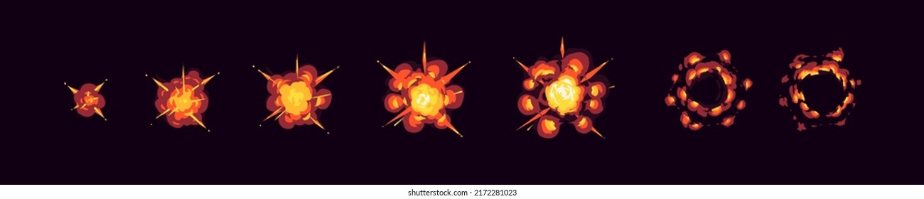 Animation Sprite Sheet Of Bomb Explosion Sequence. Vector 2d Cartoon Set Of Blast Effect From Dynamite Or Rocket Hit, Burst With Fire Isolated On Black Background