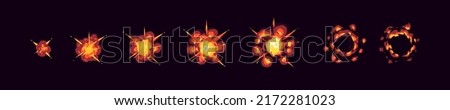 Animation sprite sheet of bomb explosion sequence. Vector 2d cartoon set of blast effect from dynamite or rocket hit, burst with fire isolated on black background