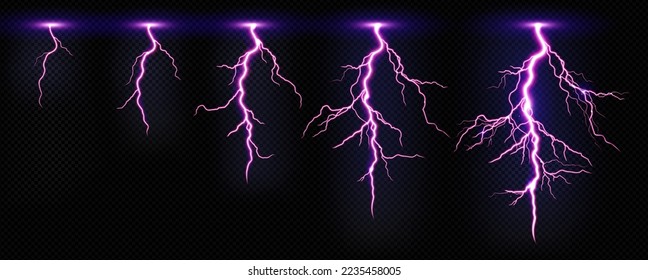 Animation sprite sheet of thunderbolt strike. Purple lightning, electric power impact, thunderstorm energy discharge isolated on transparent background, vector realistic set