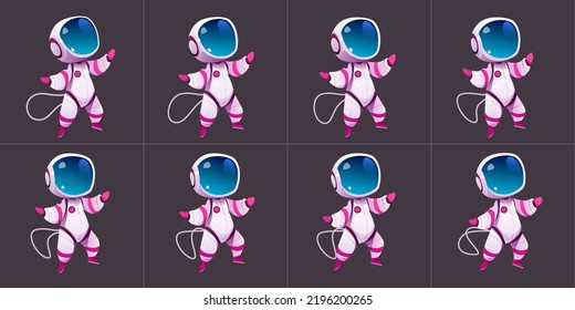 Animation Sprite Blatt des spazierenden süßen Astronauten. Vektorgrafik-Set von Bewegung des Raumfahrers in Anzug und Helm einzeln auf grauem Hintergrund. Zyklusfolge der Schritte des Kosmonauten