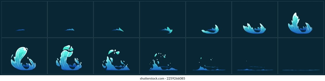 Animation sprite sheet of water splash, sea or ocean wave isolated on black background. Clean liquid fluid motion effect with splatter and drops, vector cartoon illustration