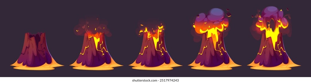 Las etapas de animación del volcán entran en erupción y explotan con lava que fluye y nube de humo en la isla arenosa. Conjunto de Vectores de dibujos animados de pasos de proceso de erupción volcánica. Rock de montaña con magma naranja caliente.