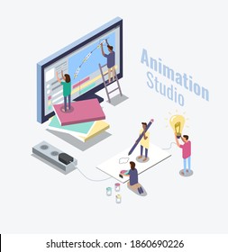 Animation studio concept. Isometric flat illustration about working process of motion designers team. Freelance, business template for app, website, banner, commercial.
