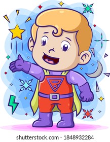 The animation of the super boy throw the star with the red costume and green cloak
