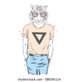 Animation tiger hipster wearing a T-shirt and pants. Vector illustration.