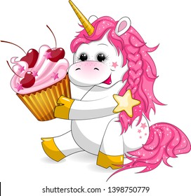 The animation unicorn eats tasty cake. Cheerful unicorn sweet tooth. The picture for children.