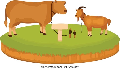 animation vector of a brown goat and cow, with full body close-up from the side. animals farm concept template.