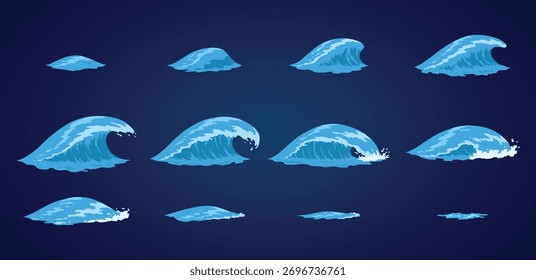 Conjunto de quadros de ondas de água de animação. Água saltitante para animação e efeitos visuais. Mar ou onda oceânica com gotas ou manchas. Ilustração de vetor de desenhos animados