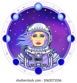 Animation woman Astronaut in a space suit. Color drawing. Background - the night star sky, circle phase of the moon.  Vector illustration.  Print, poster, t-shirt, card.