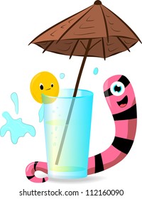 animation worm and orange about a glass with lemonade under an umbrella