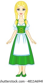 Animation young girl in an ancient Bavarian dress. Full growth. The vector illustration isolated on a white background.