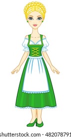 Animation young girl in an ancient Bavarian dress. Full growth. The vector illustration isolated on a white background.