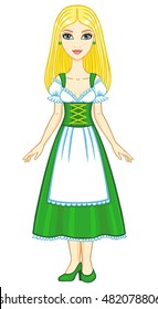 Animation young girl in an ancient Bavarian dress. Full growth. The vector illustration isolated on a white background.