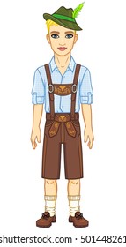 Animation young man in ancient Bavarian clothes. The vector illustration isolated on a white background.