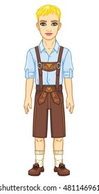 Animation  young man of the European appearance in ancient Bavarian clothes. Full growth. The vector illustration isolated on a white background.