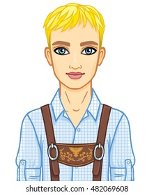 Animation young man of the European appearance in ancient Bavarian clothes. Vector illustration isolated on a white background.