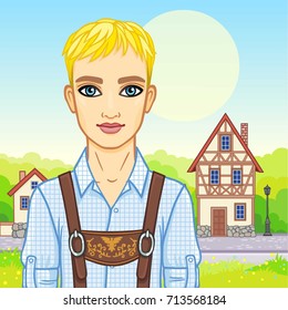 Animation young man of the European appearance in ancient Bavarian clothes. Background - a colourful landscape, ancient European street,  decorative house. Vector illustration. Invitation,card, print.