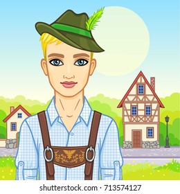 Animation young man of the European appearance in ancient Bavarian clothes. Background - a color landscape, ancient European street,  decorative house. Vector illustration. Invitation,card, print.