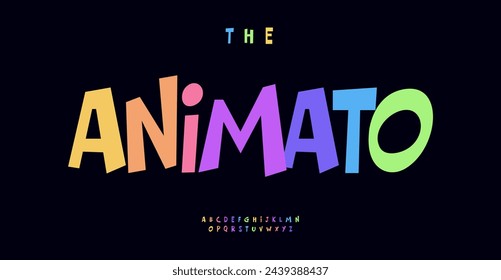 Animation-inspired playful sans serif letters, jolly nursery font for vibrant modern logo, quirky school headline, cheerful cartoon typography. Bold colorful dynamic playful alphabet. Vector typeset