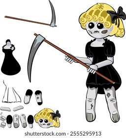 An animation-ready character sheet of a zombie-like creepy doll for girls in a black dress with scythe