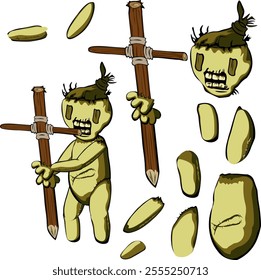 An animation-ready character sheet of a zombie-like doll