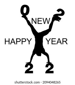 Animator Acrobat Man Wish Happy New Year 2022 Doing Cartwheel Exercise. Handstand Position Vector Silhouette Illustration. Standing On Hand Pose. Hand Stand Athlete Performer. Stunt Exercising. 