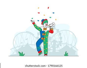 Animator Character in Funny Clown Suit, Boots, Green Wig and Neck Tie Yelling in Loudspeaker in Amusement Park. Big Top Tent Artist Announcement, Buffoon Yell to Megaphone. Linear Vector Illustration