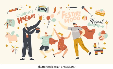 Animator Characters Entertaining Children at Child Birthday Party Performing Magical Tricks and Playing Role of Superhero, Happy Kids Jumping Enjoying Amusement Show. Linear People Vector Illustration