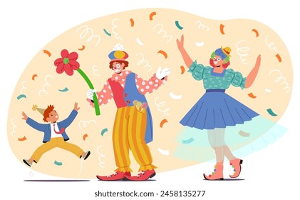 Animator Clowns In Bright, Whimsical Attire Create A Delightful Scene At A Children Party. Characters Juggling And Dancing, Filling The Air With Laughter And Vibrant Confetti. Vector Illustration