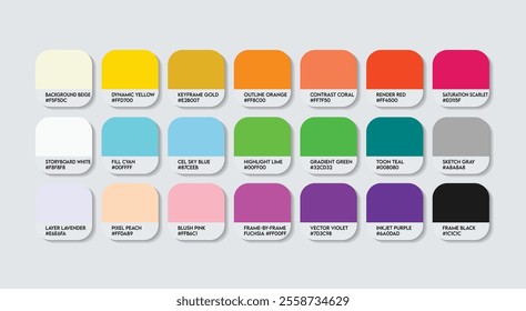 Animator Color Guide Palette with Color Names. Catalog Samples Animators with RGB HEX codes and Names. Metal Colors Palette Vector, Plastic Animator Color Palette, Fashion Trend Animator Color Palette