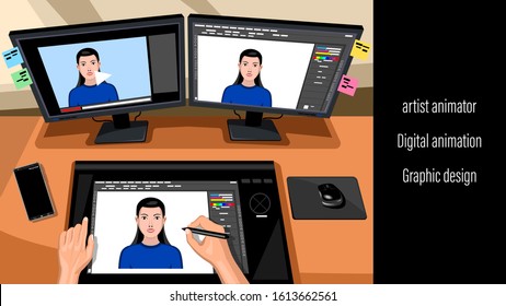 Animator designer in creative process art project. Man sitting working with tablet for drawing and two monitors, first person view. Modeling artist job, motion graphic creator. Vector illustration