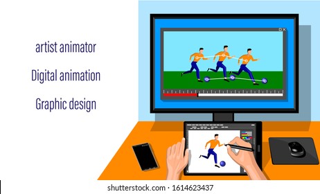 Animator designer in creative process art project. Man sitting working with tablet for drawing and monitor, first person view. Modeling artist job, motion graphic creator. Vector illustration