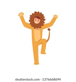 Animator in Lion Costume Performing Before Kids Birthday Party Vector Illustration