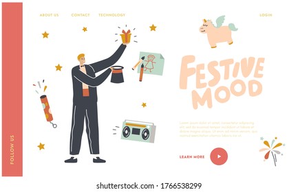 Animator Perform Circus Magic Show for Birthday Landing Page Template. Circus Magician Character Performing Tricks with Top Hat on Children Party. Carnival Amusement Event. Linear Vector Illustration
