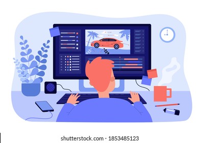 Animator sitting at workplace and creating motion design isolated flat vector illustration. Cartoon artist working on computer. Graphic creator profession and animation concept