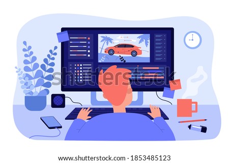 Animator sitting at workplace and creating motion design isolated flat vector illustration. Cartoon artist working on computer. Graphic creator profession and animation concept